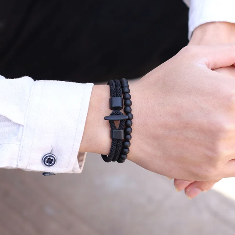 2Pcs Onyx Stone Nylon Rope Bracelet Set Men Handmade Bistratal 6mm Beaded Braided Braclet Jewelry Navigation Explore Homme Joias