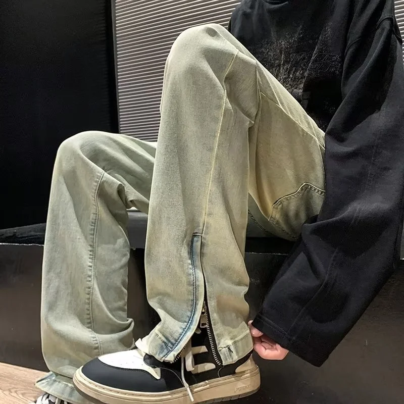

Worn Look Straight Leg Jeans Men's Casual Spring Autumn American High Street Style Zipper Cuffed Denim Pants Youth Fashion