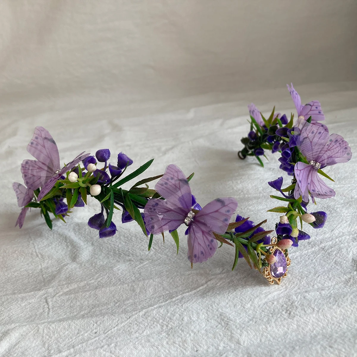 Purple Flower Headpiece - Fairy Floral Crown Woodland Elf Headband Forest Wreath Elven Tiara for Renaissance Cosplay Wedding