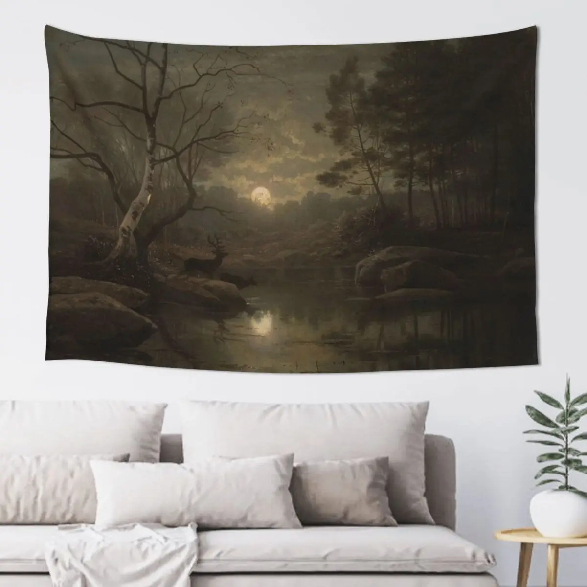 

Forest Landscape in the Moonlight - Georg Eduard Otto Saal Tapestry Wall Decor Funny Room Decorations Aesthetic Tapestry