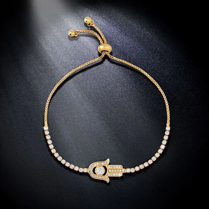 OCESRIO  Paved Zircon Hamsa Bracelet Silver Color Charm Bracelet Hand of Fatima Adjustable Bracelet Women Fashion  brt-k45