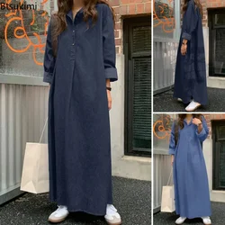 2024 Women's Casual Denim Dress Oversized Korean Vintage Robe Jeans Dress Streetwear Elegant Long Sleeve Solid Maxi Dress Female