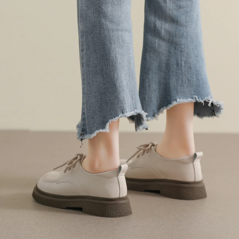 女性黒レースアップレザーシューズプレッピースタイルプラットフ - Women'S Shoes Loafers Black のレビューと価格