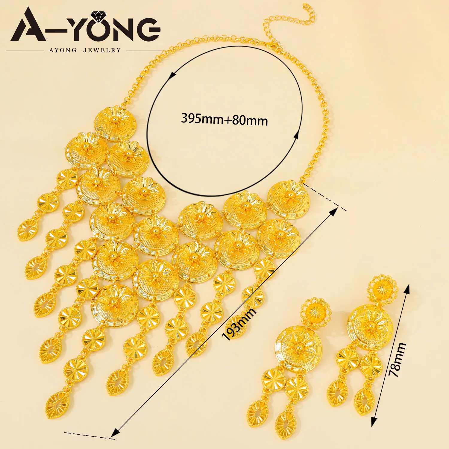 Luxuriöses Habesha Goldfarbenes Schmuckset Äthiopisches Quasten-Brautschmuckset Arabische Damen Verlobungs- und Partyschmuckstücke – Detail 6