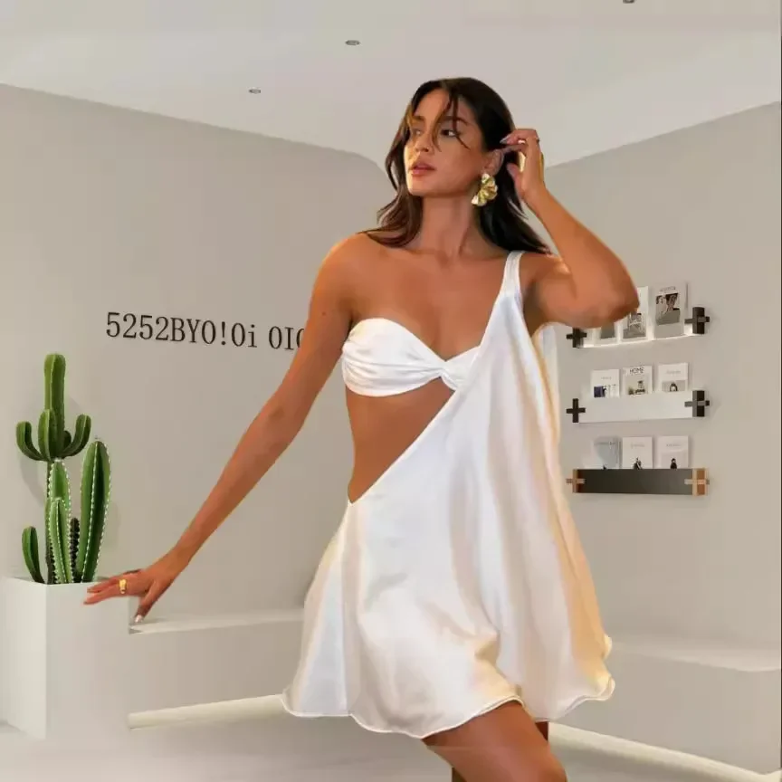

JIAYAN 2025 Women Chic Diagonal Shoulder Mesh Dress Sexy Hollow Out Sleeveless Backless Mini Dresses Lady Holiday Beachwear