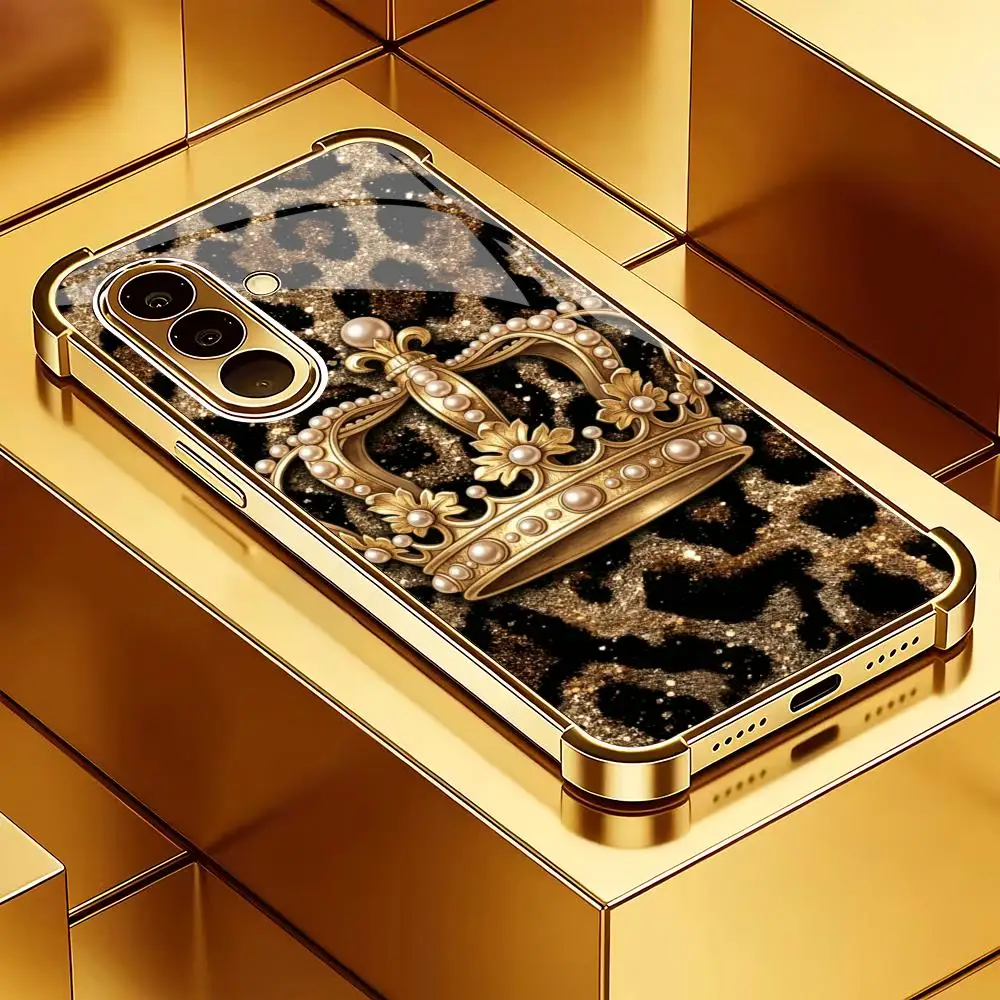 Leopard Crown Plated Glass Phone Case Suitable for Samsung Galaxy S26 S25 S24 S22 S21 S20 FE/Ultra/Plus Anti Drop Back Cover