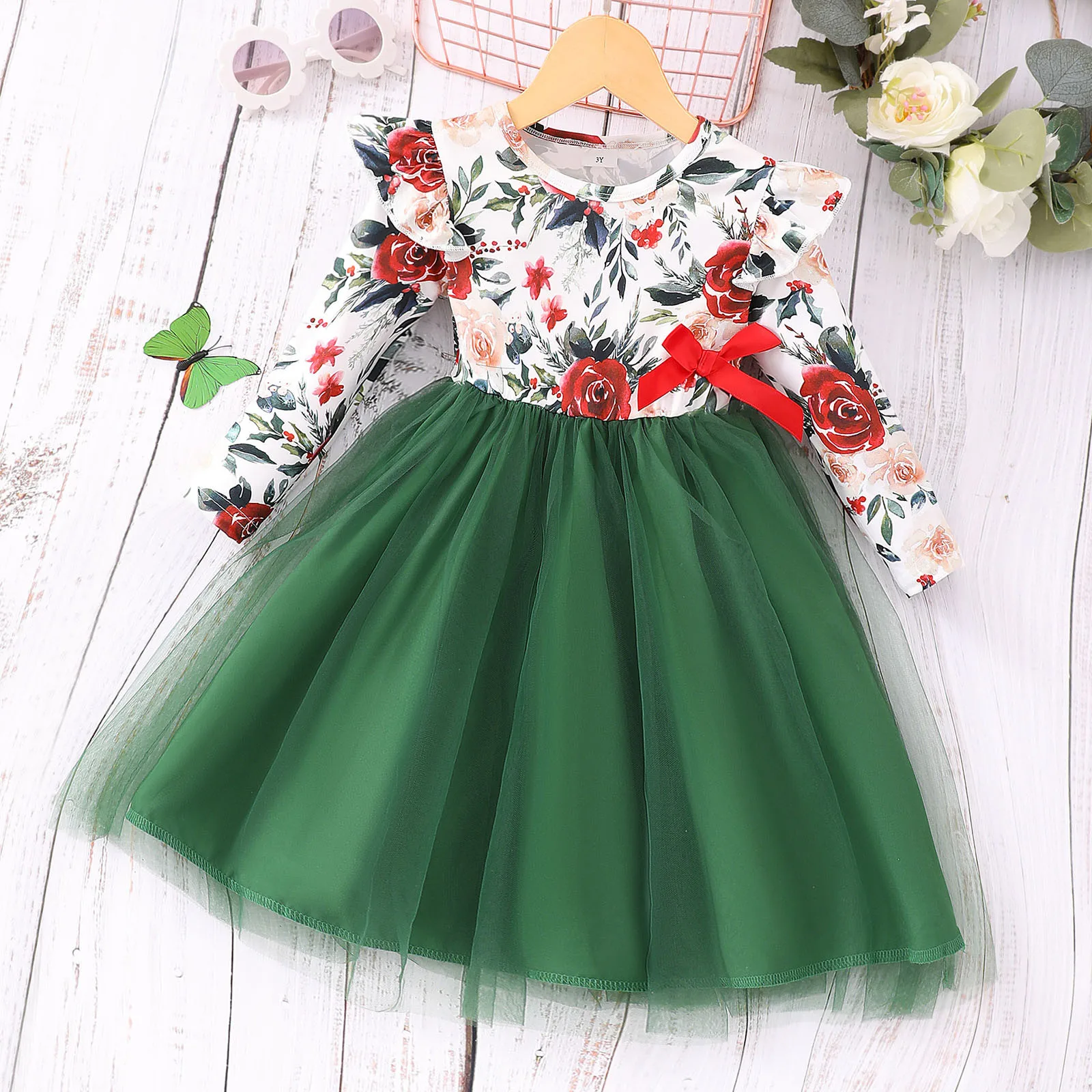 Kids Floral Print Dresses For Girls 2-7Y Patchwork Tulle Princess Dress Party Evening Tutu Dress Autumn Winter Children Clothes