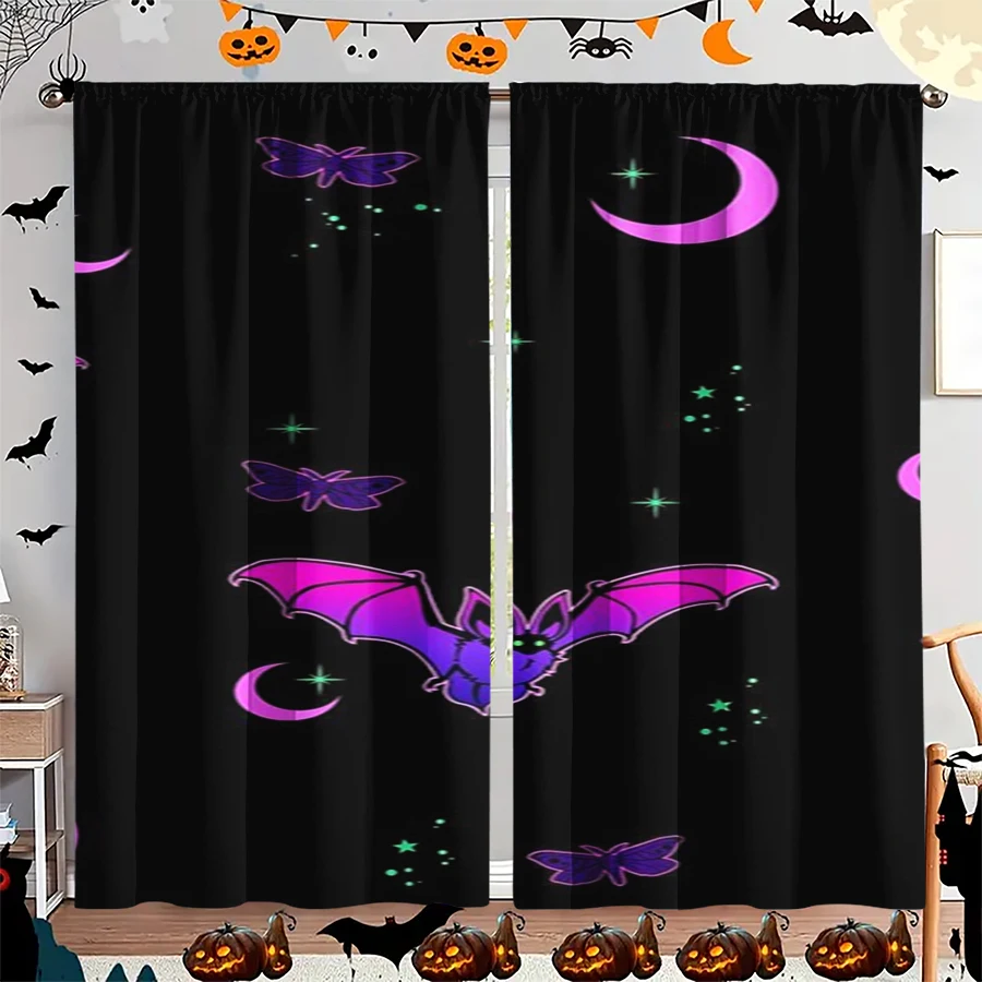 2PCS Digital Print Curtain, Purple Bat Moth Moon Stars Neon Black, Halloween Gothic Mystic for Living Room Bedroom Decor