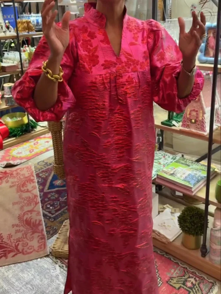 Elegant V-neck Jacquard Long Sleeve Dress Fashion Casual Loose Commute Robes Women Autumn New Side Split Pleated A-line Dresses