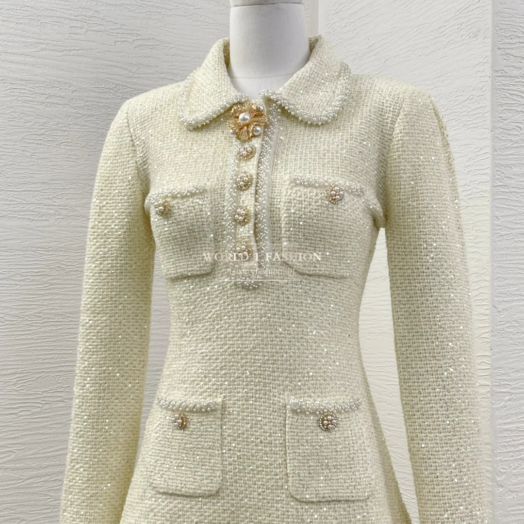 

Vintage Tweed Pearl Embellished Collared Long Sleeve Ruffled Hem Elegant Party Cocktail Mini Dress