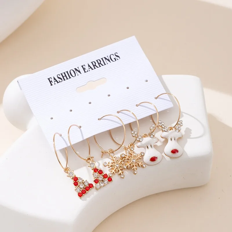 Festive Stud Earrings Set Cartoon Reindeer Santa Bell Drop Resin Alloy Christmas Jewelry