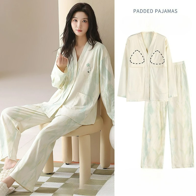 

Pure Cotton Cartoon Women's Pajamas With Chest Pad Long Sleeve Cardigan Kimono Cotton Casual Homewear 2-Piece Set Outer Wear