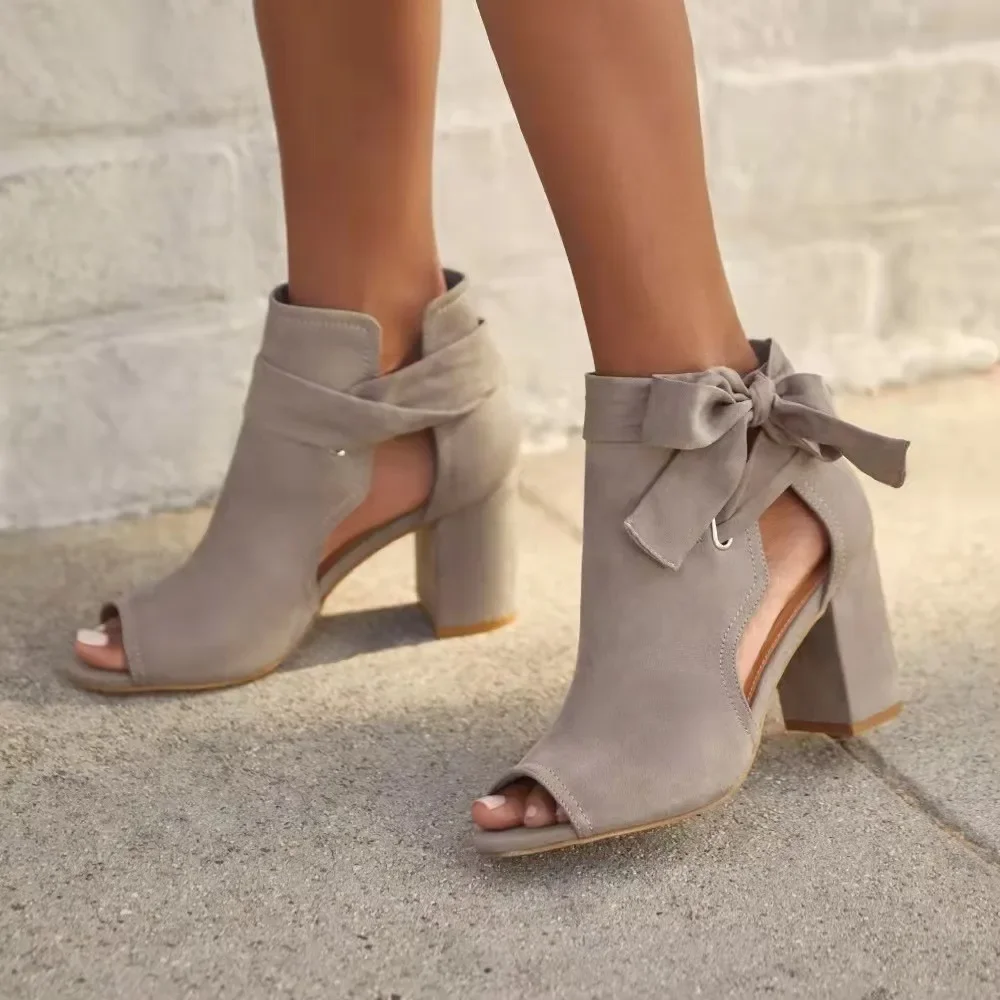 New Fashion Women High Heel Shoes Female Luxury New Woman Comfort High Heels Buckle Fish Mouth Ankle Strap Suede Bow Sandals