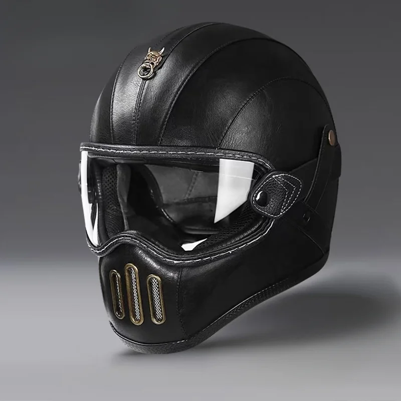 Tokyo Style Motorcycle Black Leather Full Face Retro Helmet Motorcycle Casco Moto Japan TT Helmets Fiberglass With Visor