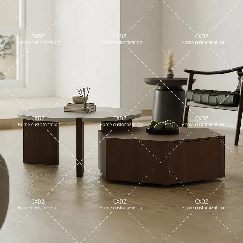 Italian Minimalist Round Coffee Table Set Smoked Veneer Small Size for Apartment Living Room Modern Household Furniture