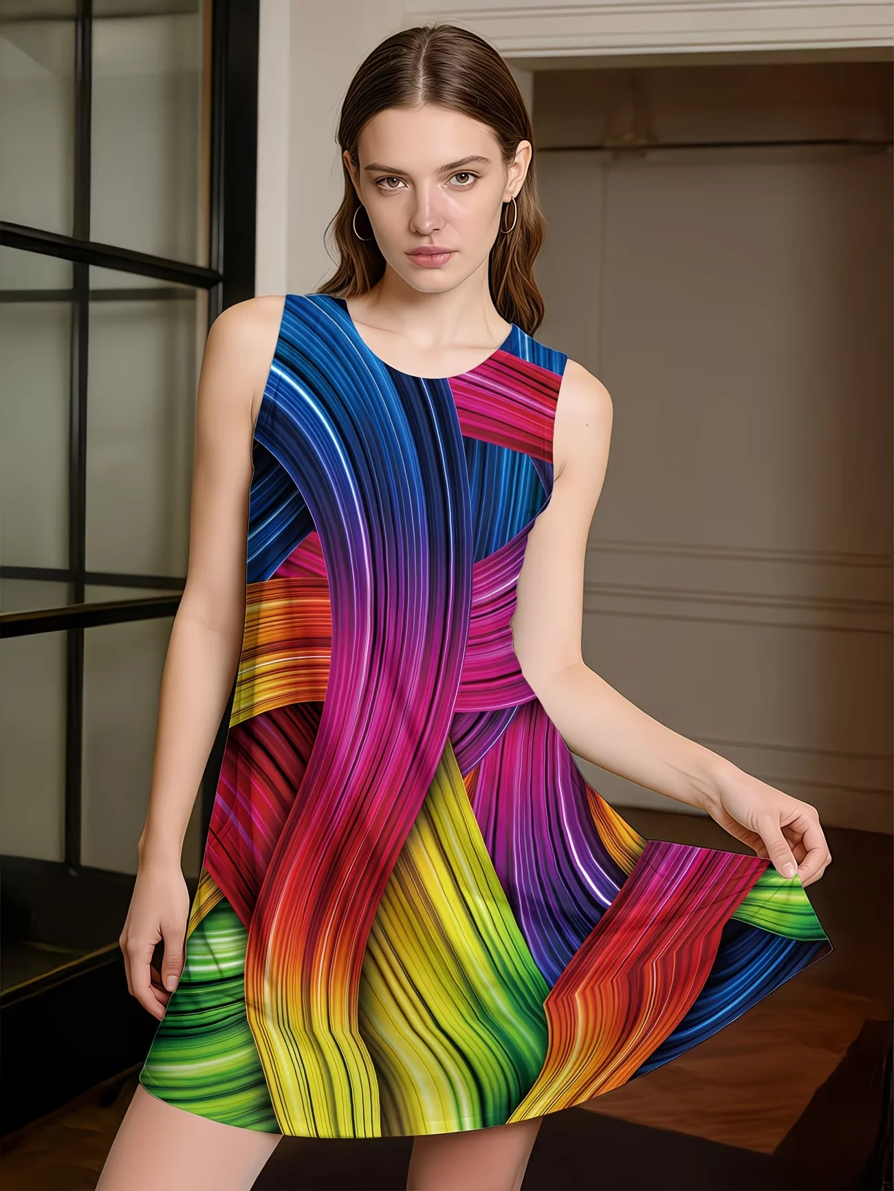 Gradient Women Vintage Short Dresses Sleeveless Summer 3D Tie-dye Street Style Female Dress Loose Casual O-Neck Mini Dress