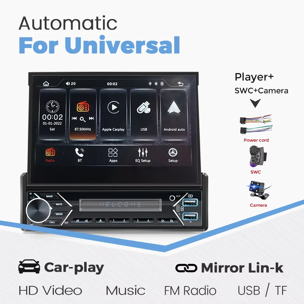 1 Din Universele Mp5 Draadloze Android Auto Carplay Auto Radio 7Inch Automatisch Intrekbaar Scherm Multimedia Video Speler Opvouwbaar