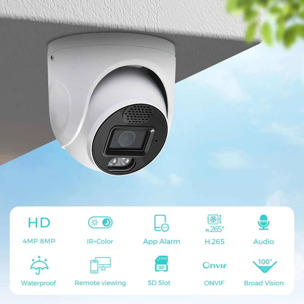 4K 8MP IP Surveillance Camera POE H.265 Onvif Wide Angle 2.8mm Outdoor Audio AI Humanoid detection Home CCTV Surveillance Camera