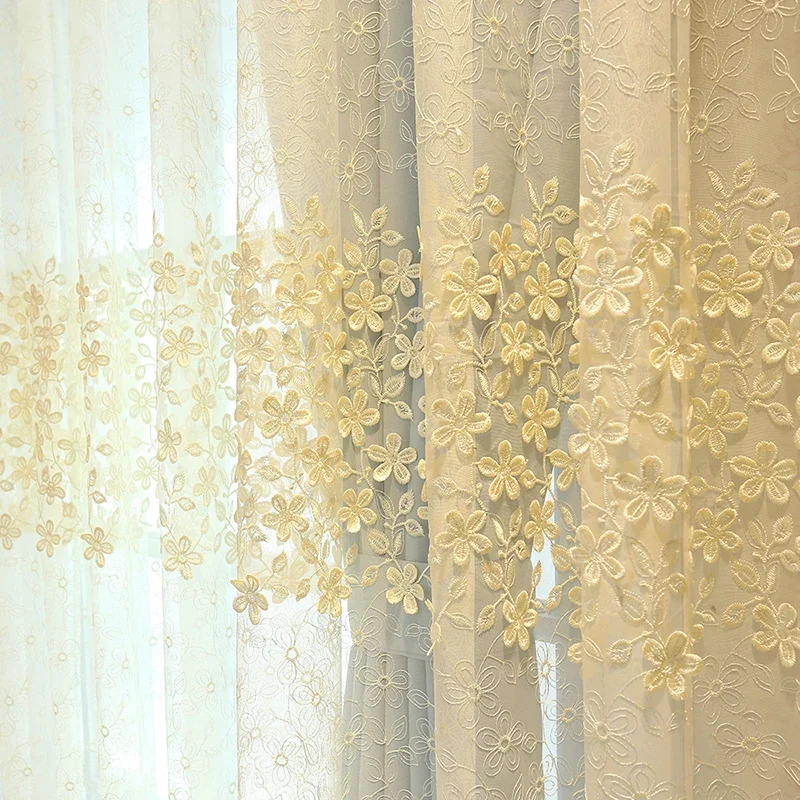 

Korean Pastoral European Embossed Tulle Shading Floor Curtains for Living Dining Room Bedroom Windows Door Kitchen Embroidered
