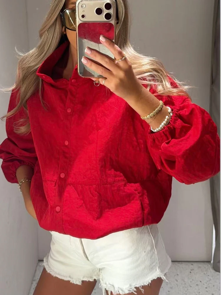 TFMLN Women Red Turtleneck Zipper Jackets Autumn Street Casual Long Sleeve Loose Outerwear Fashion Bomber Coats Tops Female