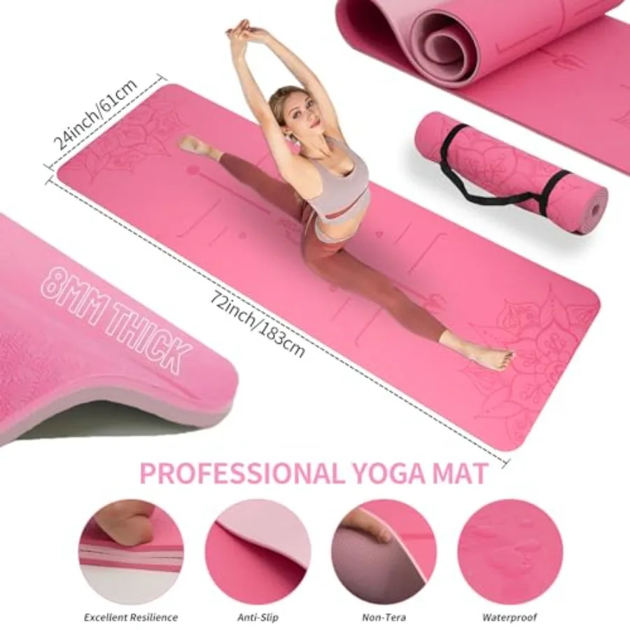 Home workout starter kit: thick yoga mat, 6 fabric resistance bands, 2 yoga blocks non-slip, eco-friendly TPE, black for full-b