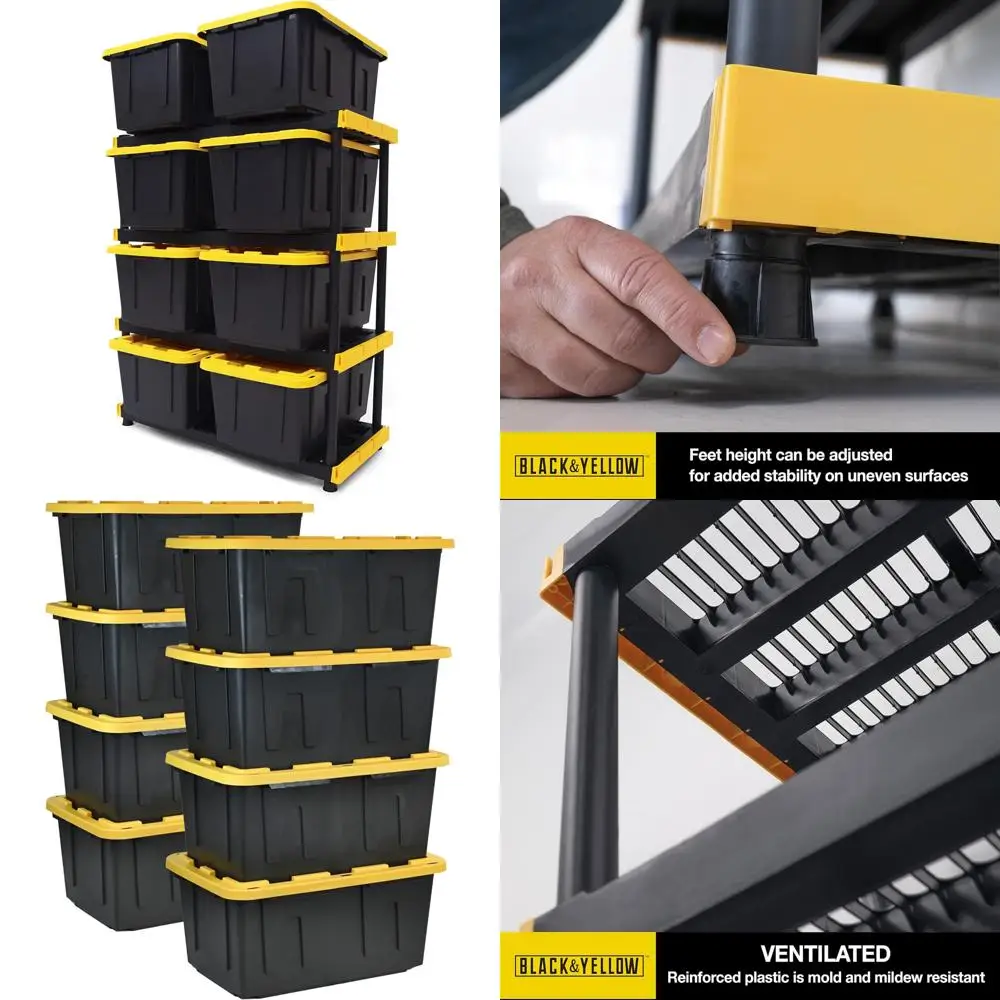 

CX Black and Yellow Shelving Unit with Heavy Duty Storage Containers - Extremely Durable, Includes Shelf and 8x 27 Gallon Contai