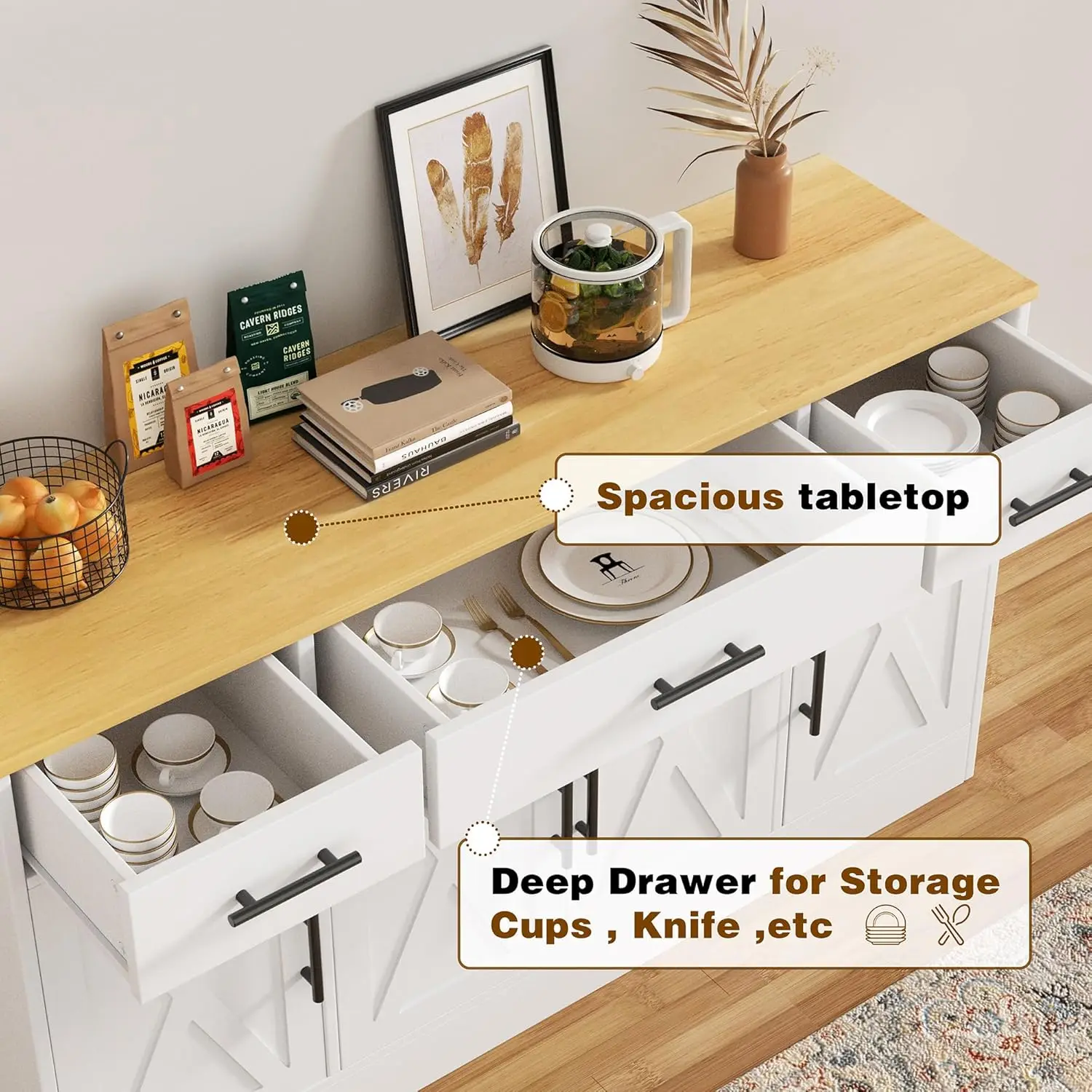 53' Modern Farmhouse Buffet Cabinet with Drawers, White Kitchen Sideboard with Shelves & Doors