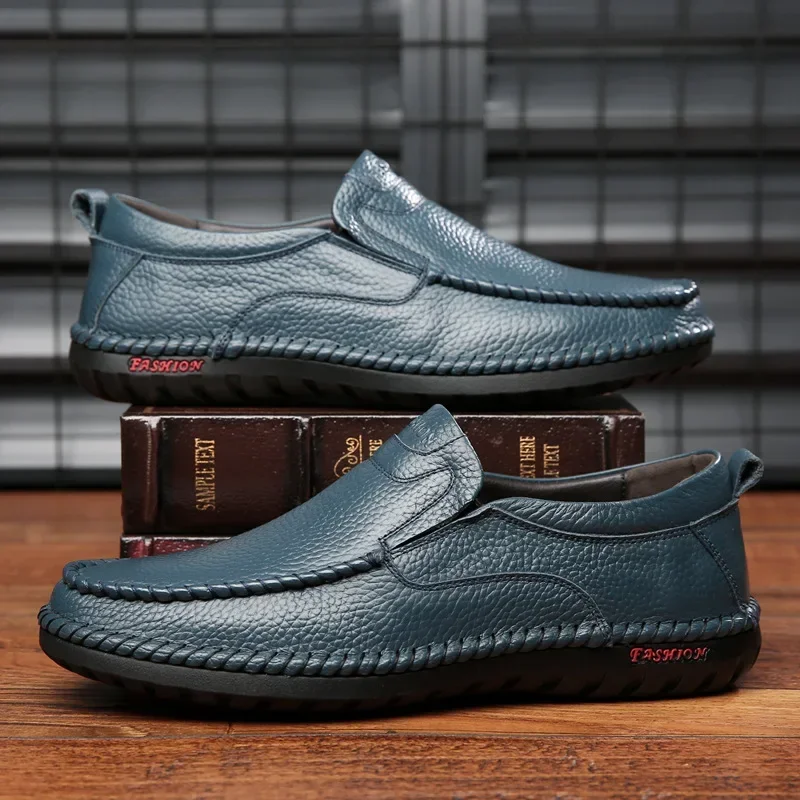 

Breathable Genuine Leather Men Shoes Summer Slip On Loafers Men Casual Leather Shoes Blue Flats Hot Sale Driving Shoes Moccasins