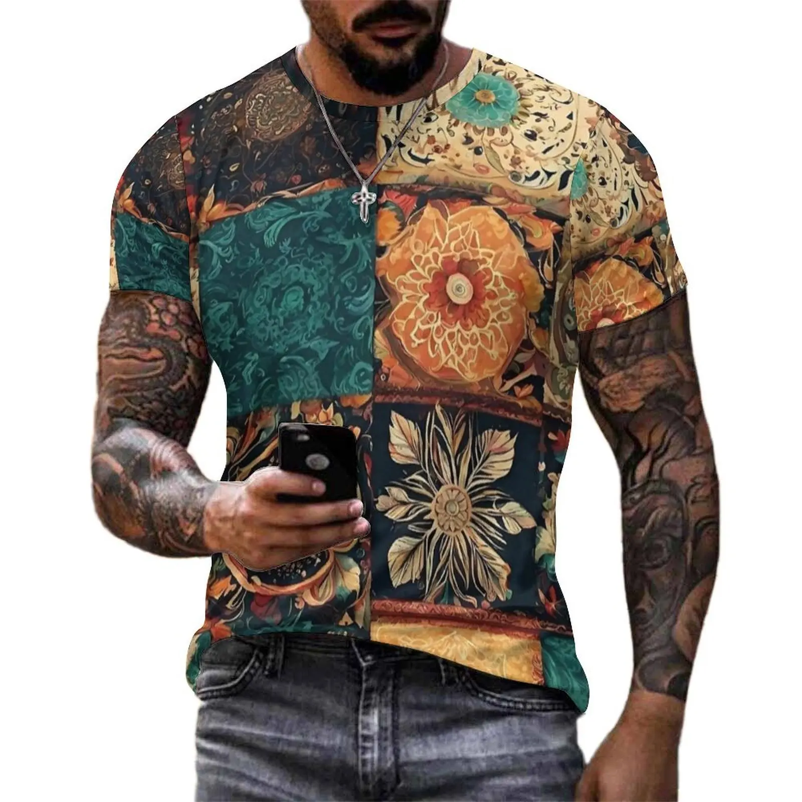 Antique Floral Patchwork Tile Print T Shirt Man Fashion T Shirts Beach Graphic Tee Shirt Short Sleeve Street Style Plus Size Top