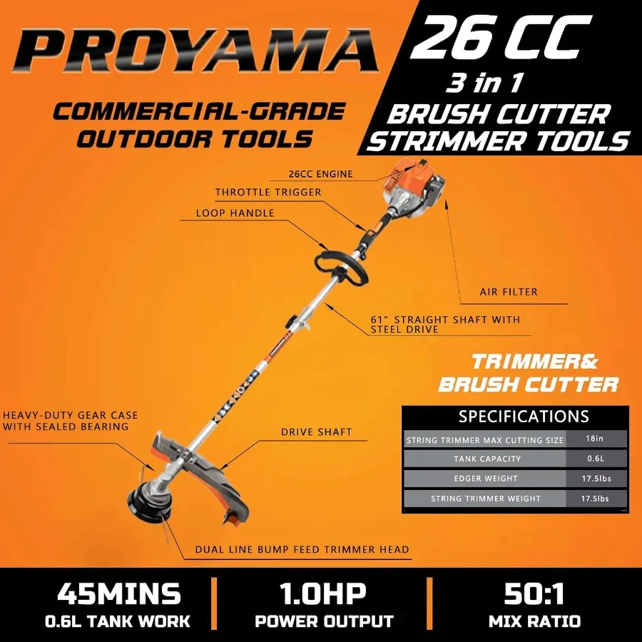 26cc Weed Eater/Wacker Gas Powered 2-Cycle Gas String Trimmer/Edger with 3 in 1 Brush Cutter Functionality 17-Inch Cutting Path