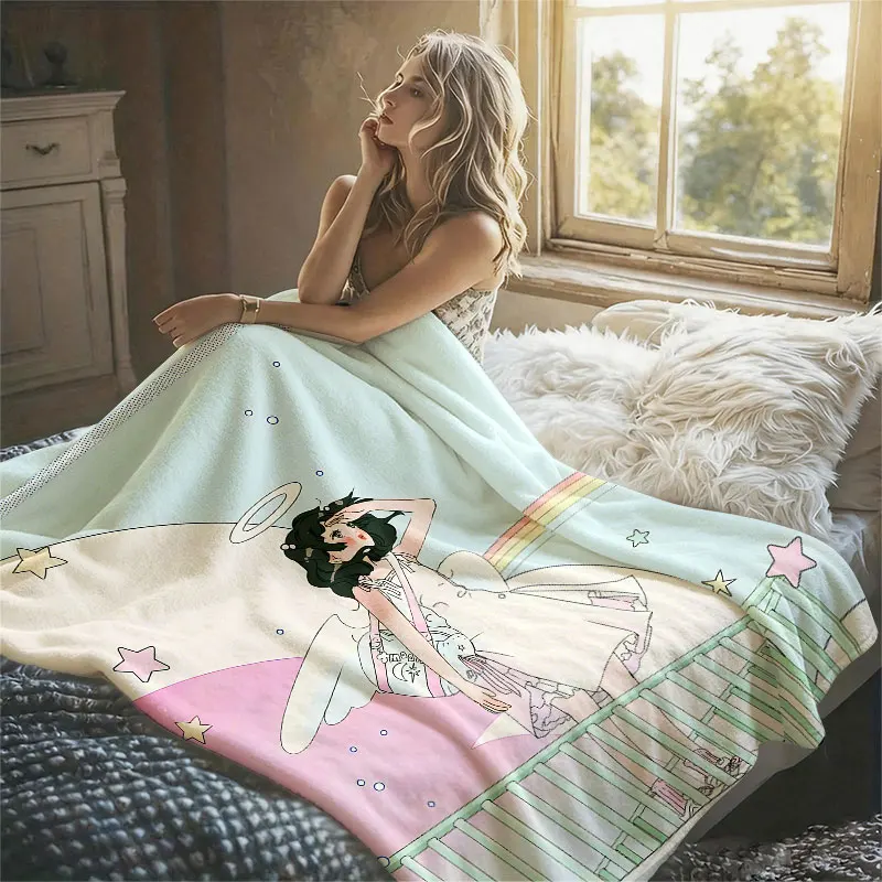 Anime Angel Girl Rainbow Flannel Blanket Perfect for Sofa Office Bed Travel Sleep Read Relax Camping Four Season Use