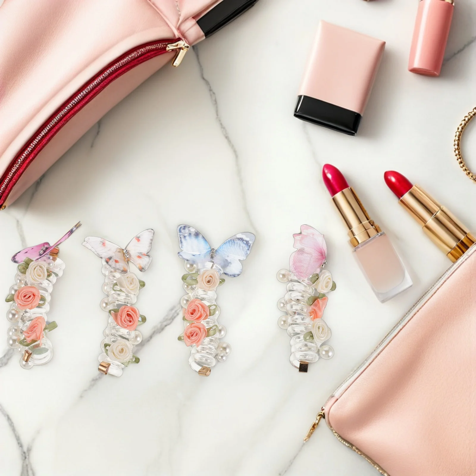 

6pcs Spiral Hair Ties Multi Color Pearl Flower Coil Scrunchies Elastic Telephone Wire Bands For Women Girls Ponytail Holders