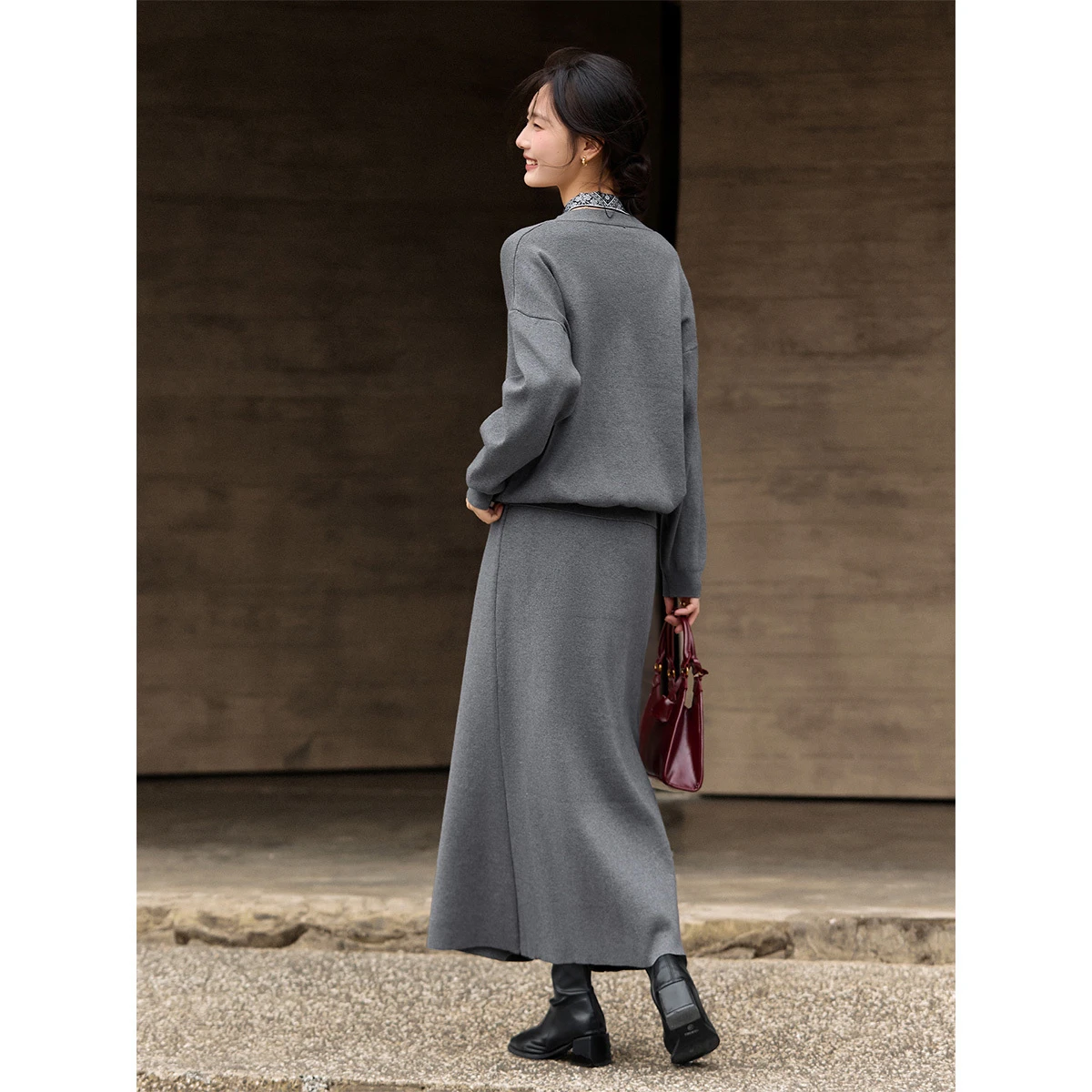 VIMLY النساء متماسكة تنورة مجموعات ركاب الخامس وشاح للرقبة كم كامل بلايز ألف خط التنانير الطويلة الشتاء لينة السيدات قطعتين مجموعة 30503