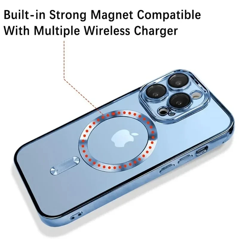 Luxury Wireless Charge Magsafe Phone Case For iPhone 16 15 14 13 12 11 Pro Max Transparent Magnetic Electroplate Bumper Cover image 3