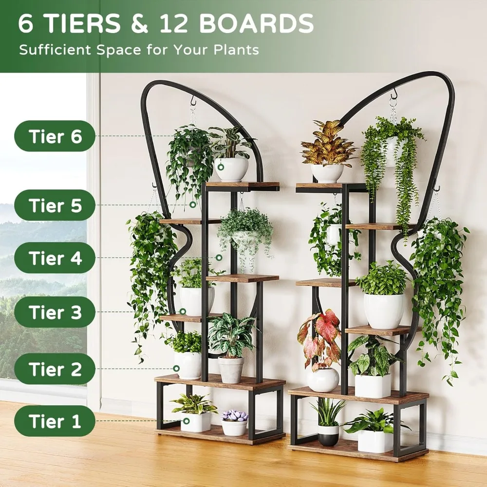 6 Tier Plant Staan Indoor Vlindervormige, Hoge Metalen Standaard Met 6 Plant Haken & 12 Boards, Grote Ladder Plant Plank