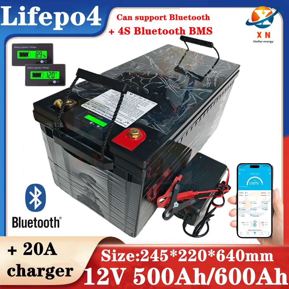 12V 500AH 600Ah Lifepo4 battery lithium deep cycle with bluetooth BMS APP for Solar Storage trolling motor boat +20A charger