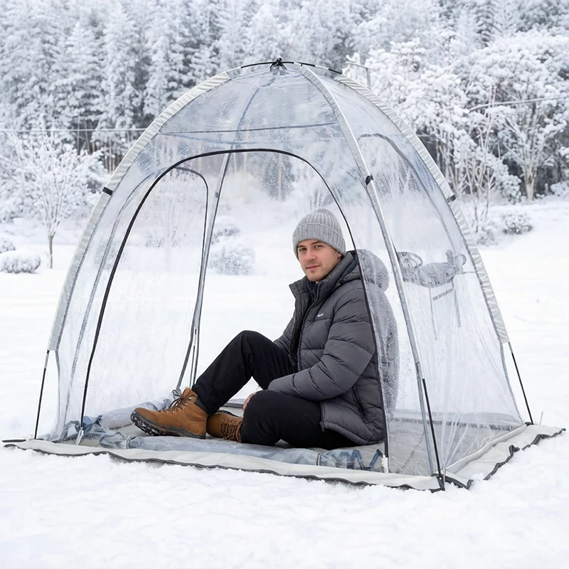 Tente entièrement transparente, 1 à 3 personnes, vue à 720 degrés, résistante au froid hivernal et au soleil, véranda d'observation en PVC/maille