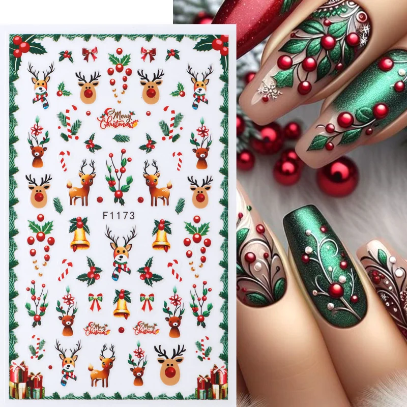 2개입 크리스마스 네일 스티커 겨울 순록 크리스마스 트리 홀리 덩굴 네일 아트 데칼 화려한 꽃무늬 폴리쉬 슬라이더 장식