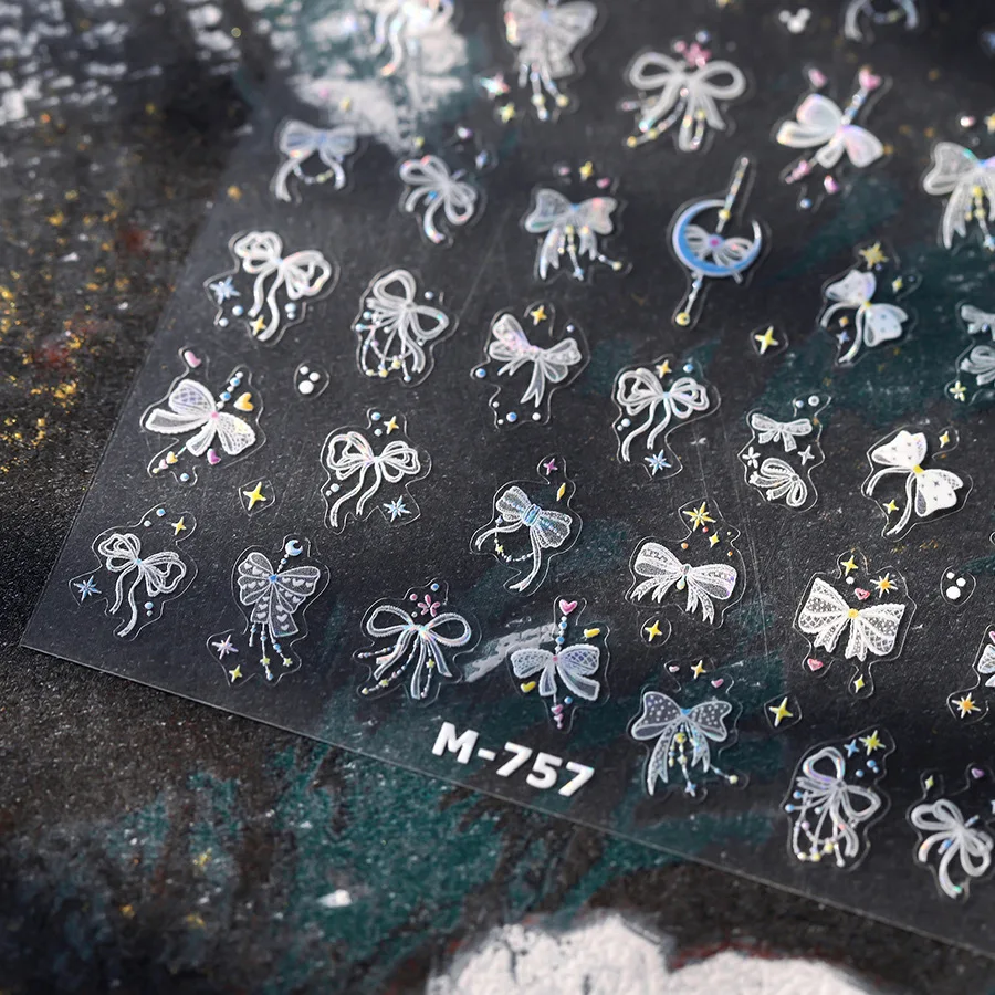 Weiße Spitze Schleife Krawatte Knoten Mini Band Schleife 5D Nail Art Aufkleber Mond Stern Liebe Herz Niedlich DIY Nagel Selbstklebender Maniküre Aufkleber