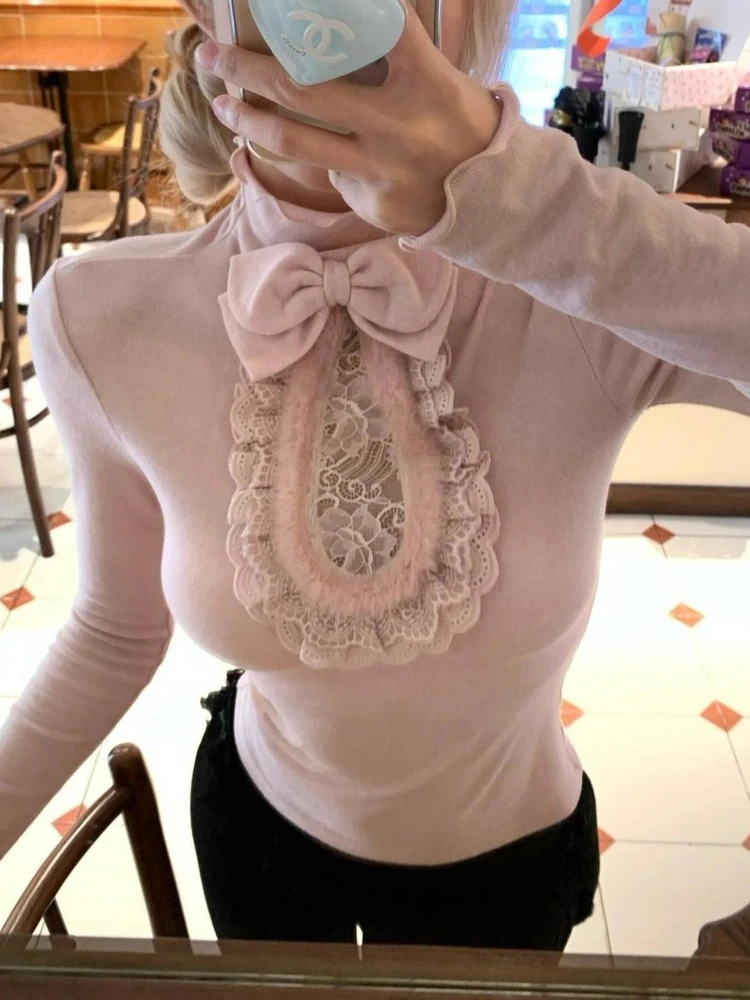 HOUZHOU Cuteore Coquette Elegant T Shirts Women Y2k Kawaii Sweet Lace Patchwork Bow Solid Long Sleeve Tees Tops Soft Girl 2024