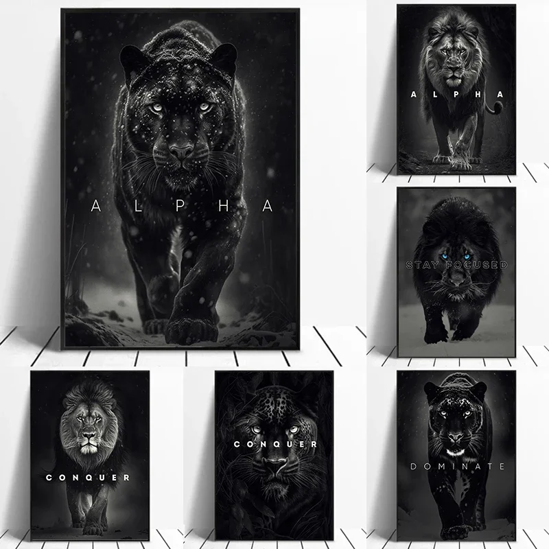 Black Panther Lion Motivational Posters Print Conquer Focus Qoutes Animal Canvas Painting Wall Art for Living Room Decor Pict