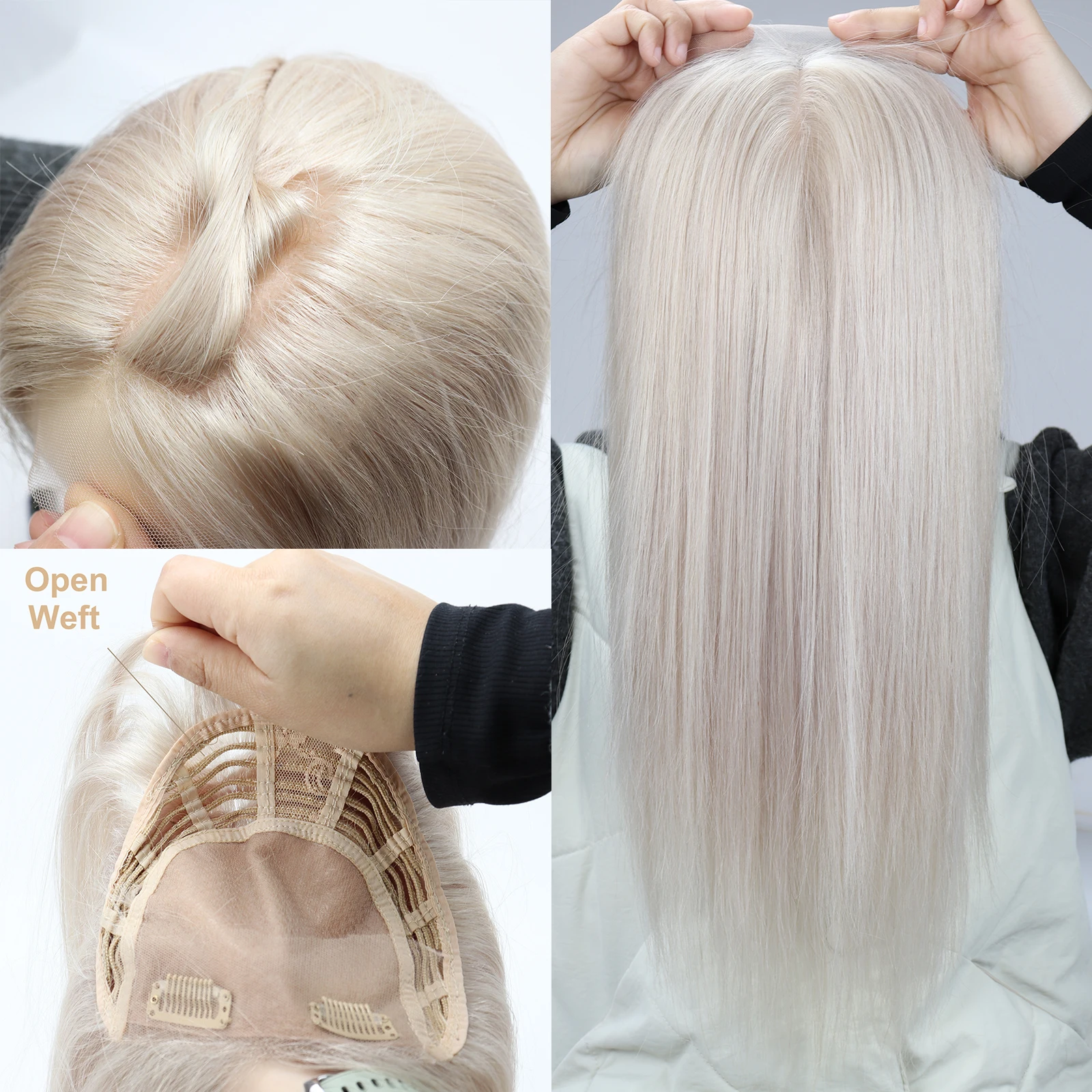 Silk Skin Base Lace Closure Topper with Clips in #60 platinum Blonde Remy Human Hair Topper for Women Silk Top Topper