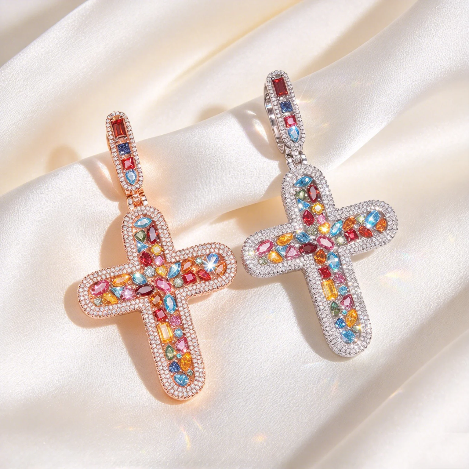 Butterflykiss New Arrivals Fashion Stylish Rapper Jewelry Hip Hop Style Fancy Rainbow Stone Moissanite Diamond Cross Pendant