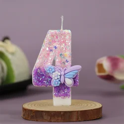 3D Cake Topper Candles Glitter Pink Purple Number Candles Birthday Party Butterfly Baby Shower Decoration Shiny Digit Candles