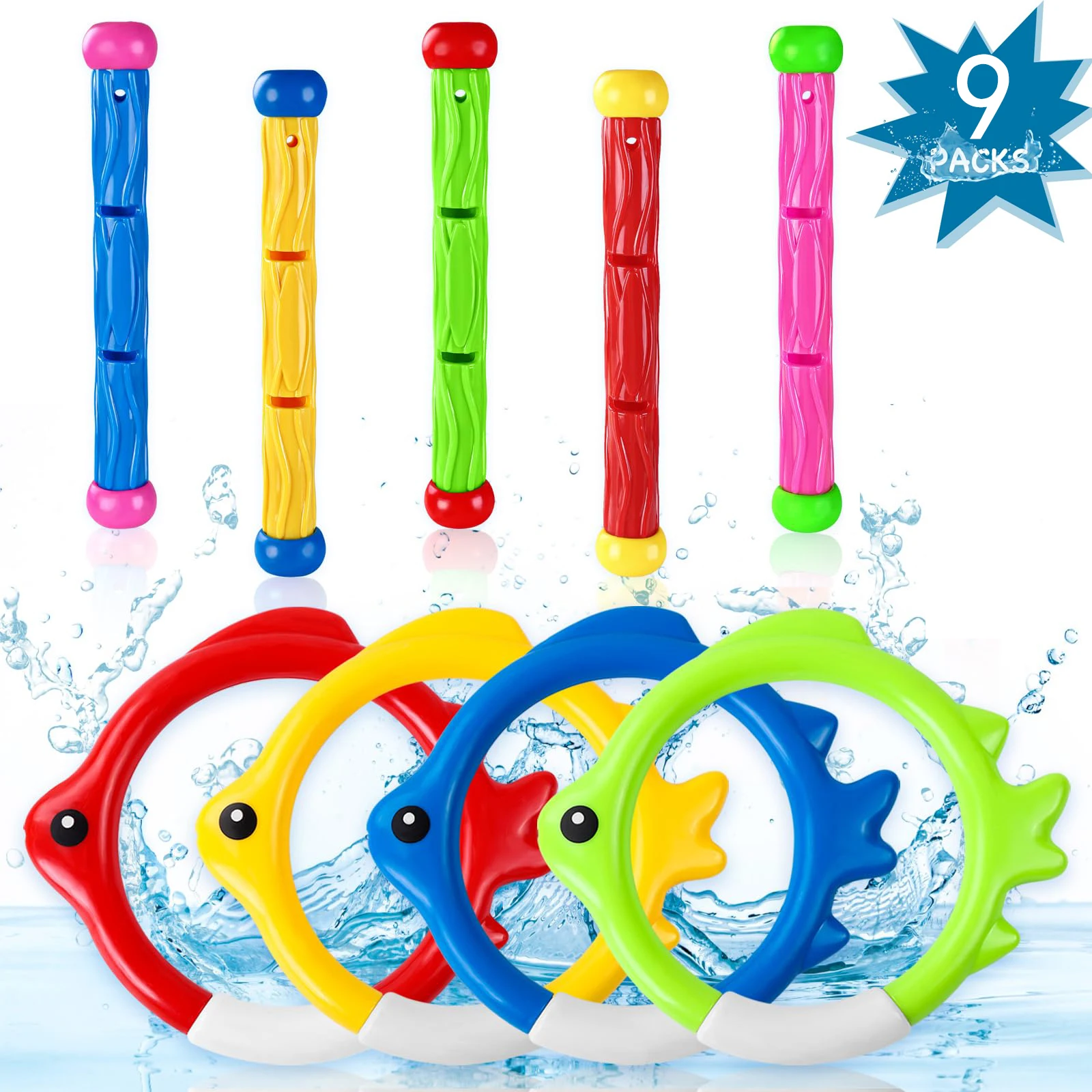 

9Pcs Pool Diving Swim Toys Colorful Underwater Training Sinking Throwing Dive Rings Sticks for Kids Summer Swimming Party Game