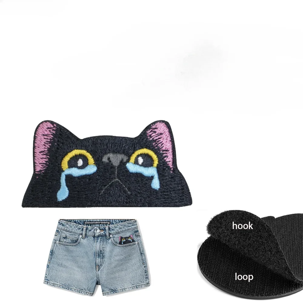 Interesting Black Cat Face Embroidered Patch Cute Embroidered Crying Cat Badge Hook and Loop Stickers Patches for Clothing