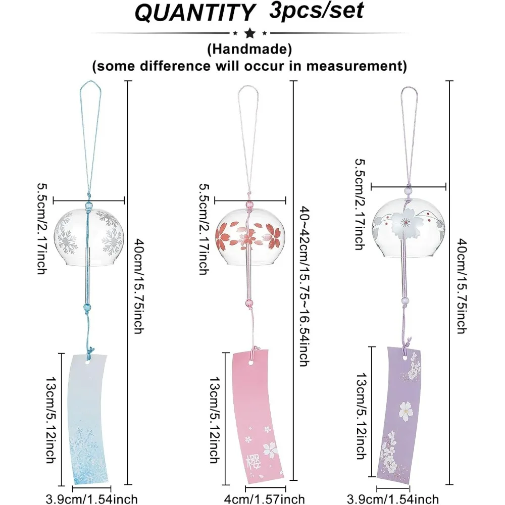 3PCS Japanese Wind Chimes Pink/Blue/Purple Glass Wind Bells Handmade Pendants for Birthday Gift and Home Decoration