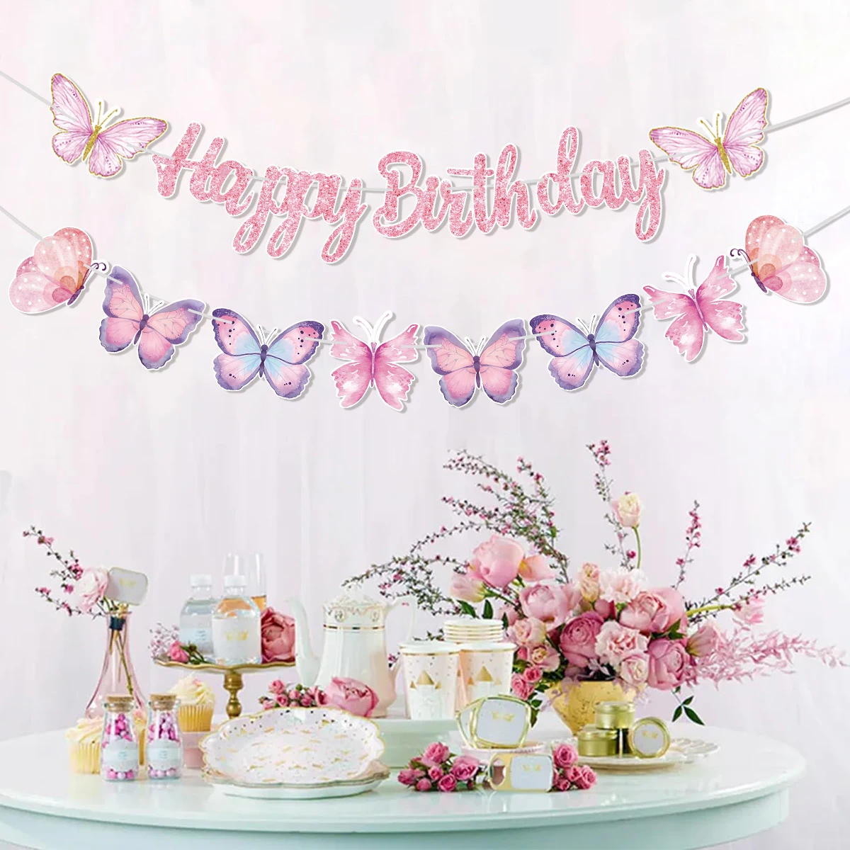 Pink Happy Birthday Banner With Butterfly Dancing Hanging Pendant Garlands  Girls Princess 1st Happy Birthday Party Decorations