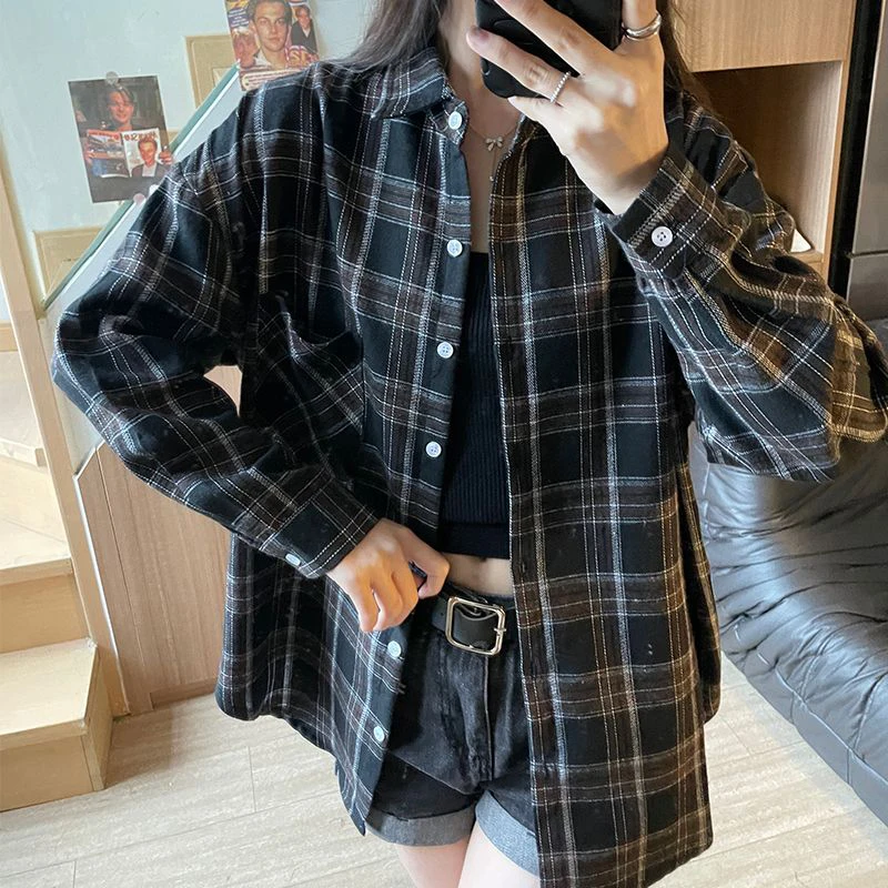 Zoki Harajuku Y2k Plaid Shirt Women Streetwear Loose Long Sleeve Vintage Blouse American Oversize Casual Bf Single Breasted Tops