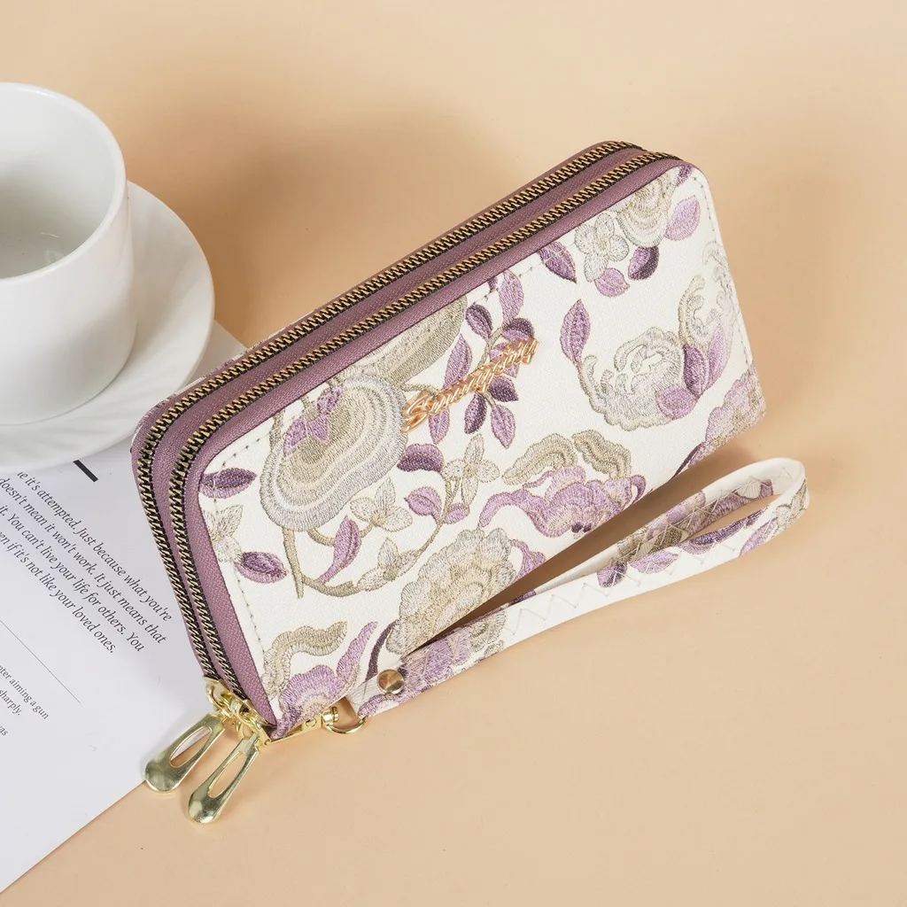 Floral Embroidered Long Wallet for Women Chinese Style Double Zipper Clutch Purse Ladies Large Capacity Mobile Phone Wallets